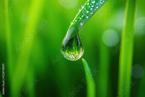 Close-Up of Dew Droplet on Fresh Green Grass Highlighting Nature's Beauty and Serenity
