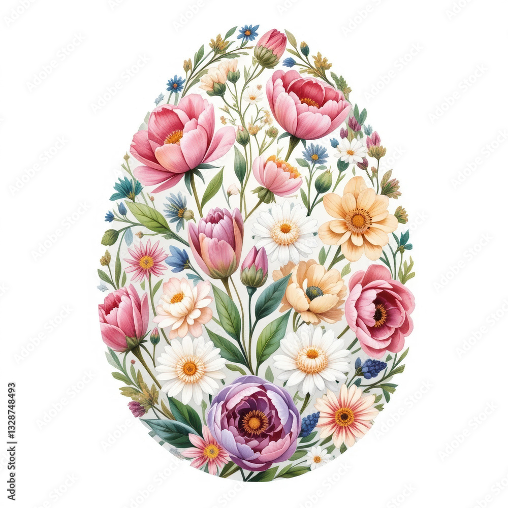 Obraz premium An Easter egg filled with a variety of flowers: pink peonies, white daisies and tulips in pastel colors. The dense composition creates a spring mood and a festive atmosphere.
