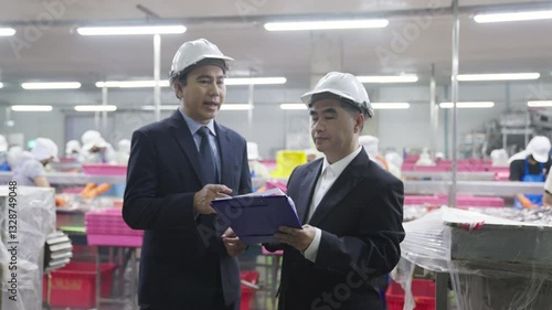 Asian business men at factory.Business, Factory Manufacturing, and Management, Inspection Technology and Safety