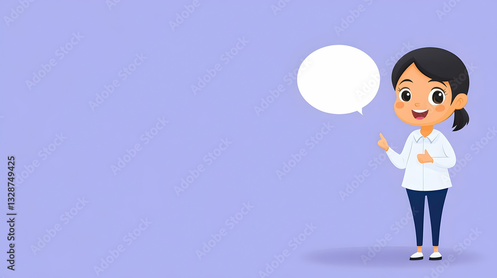 Happy girl pointing at blank speech bubble on purple background Happy girl pointing at blank speech bubble on purple background