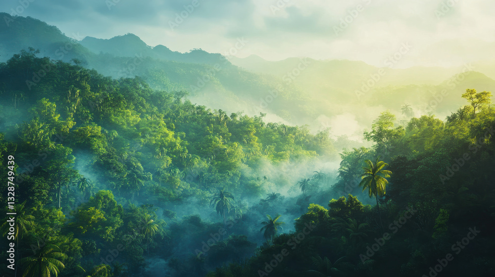 Vibrant green foliage fills the foreground as mist rolls through the mountainous landscape at sunrise, creating a peaceful and serene atmosphere in nature Vibrant green foliage fills the foreground as mist rolls through the mountainous landscape at sunrise, creating a peaceful and serene atmosphere in nature
