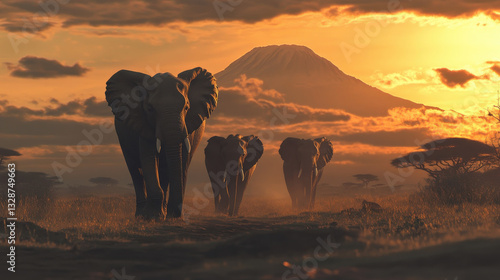 A group of elephants moves gracefully across the savannah as the sun sets behind a towering mountain, casting a warm golden glow over the landscape. Dust rises softly in their wake