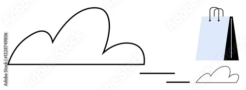 Simplified cloud drawing linked to shopping bag, conveying digital shopping, cloud storage, and online retail. Ideal for technology, e-commerce, innovation, sustainability, data convenience