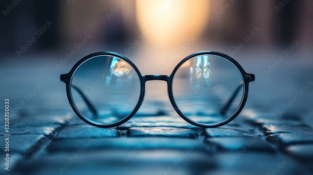 Circular Black Eyeglasses Resting On A Cobblestone Pavement Surface Circular Black Eyeglasses Resting On A Cobblestone Pavement Surface