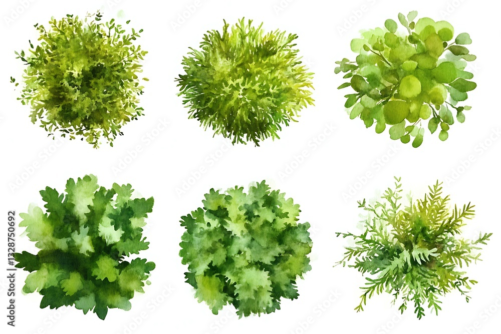 Fototapeta premium Green grass isolated on white background, Set of watercolor tree