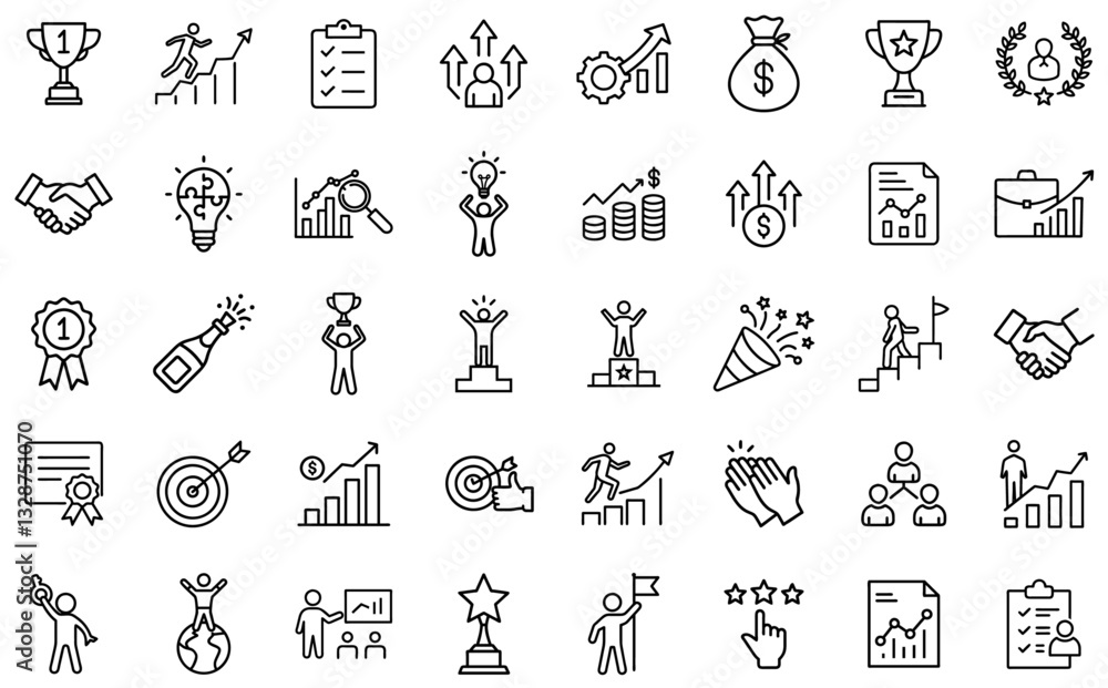 Business Success and Achievement Line Icons Set – Growth, Trophy, Leadership, Teamwork, Goal Setting, Financial Progress, Motivation, Winner, Competition, Productivity, Career Advancement, Rewards Business Success and Achievement Line Icons Set – Growth, Trophy, Leadership, Teamwork, Goal Setting, Financial Progress, Motivation, Winner, Competition, Productivity, Career Advancement, Rewards
