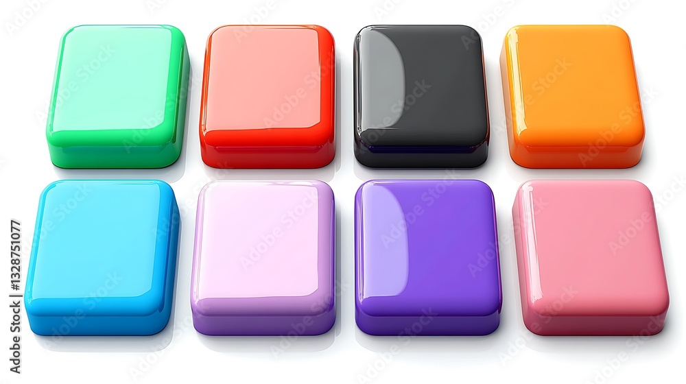 Mobile application icon, button - white, black, blue, green, light blue, orange, pink, red, violet square with round corners. 3d rendering Mobile application icon, button - white, black, blue, green, light blue, orange, pink, red, violet square with round corners. 3d rendering