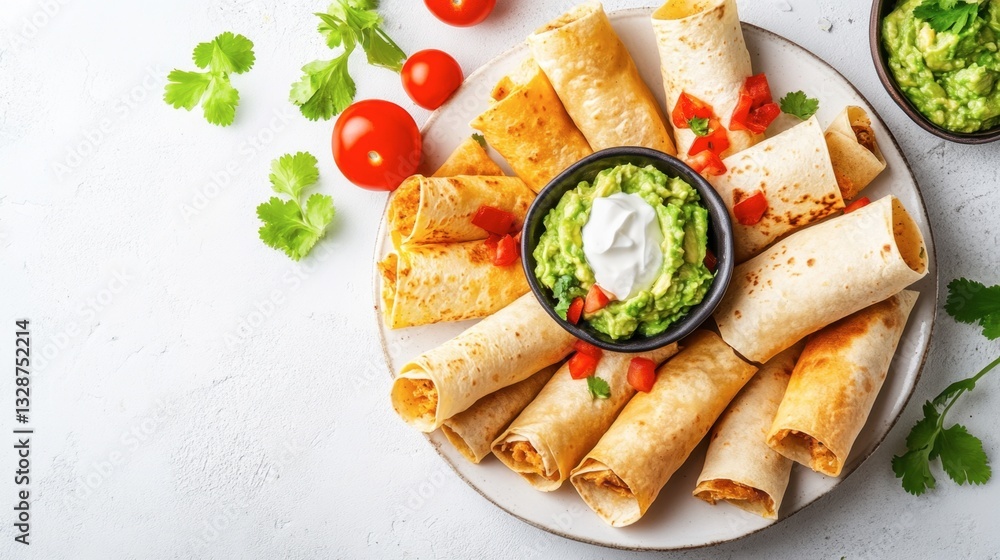 A plate of tacos with guacamole and salsa served on a wooden table A plate of tacos with guacamole and salsa served on a wooden table