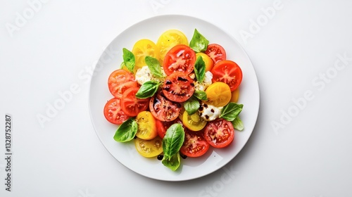 Plate of fresh tomatoes and green basil leaves on white background