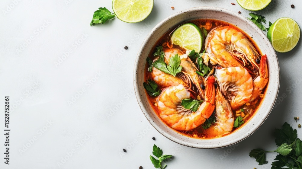 Bowl of shrimp soup garnished with lime and cilantro on a wooden table Bowl of shrimp soup garnished with lime and cilantro on a wooden table