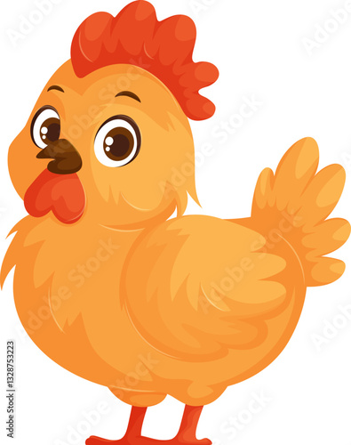 Adorable cartoon hen with fluffy feathers, a bright red comb, and big expressive eyes, standing on a white background. Ideal for farm themes.