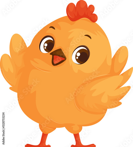 Cute cartoon baby chick with a round body, big eyes, and open wings, expressing joy. Perfect for kids' designs and farm-themed content.