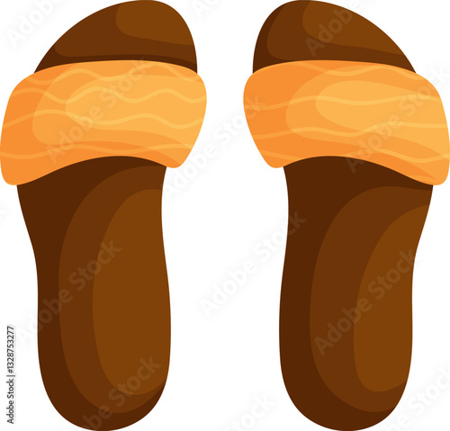 Digital illustration of a pair of brown and yellow beach sandals, representing summer footwear, vacation essentials, and casual outdoor style.