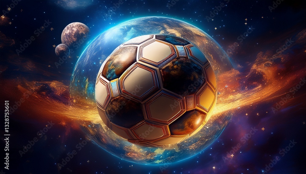 Fototapeta premium A surreal and artistic concept of a soccer ball as a planet floating in space, surrounded by stars and galaxies, blending sports with the cosmos in a unique cosmic sports vision.