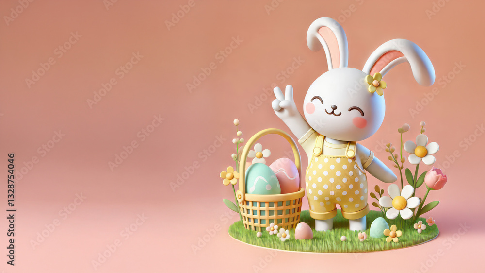 Fototapeta premium 3D Cute cartoon easter rabbit isolated on pastel background. colorful easter eggs on basket.
