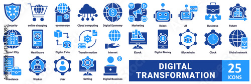 Digital transformation icon set. with icon Security, Online Shopping, Ecommerce, Cloud Computing, Digital Economy, Marketing, Robot, AI, Business, Future, Smart City, Healthcare, Digital Twin 