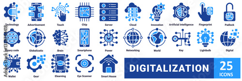 Digitalization icon set with icon Technology, Advertisement, Touch, Chip, Server, Cloud, Innovation, Artificial Intelligence, Fingerprint, Padlock, Binary Code, Globalization, Brain, Smartphone 