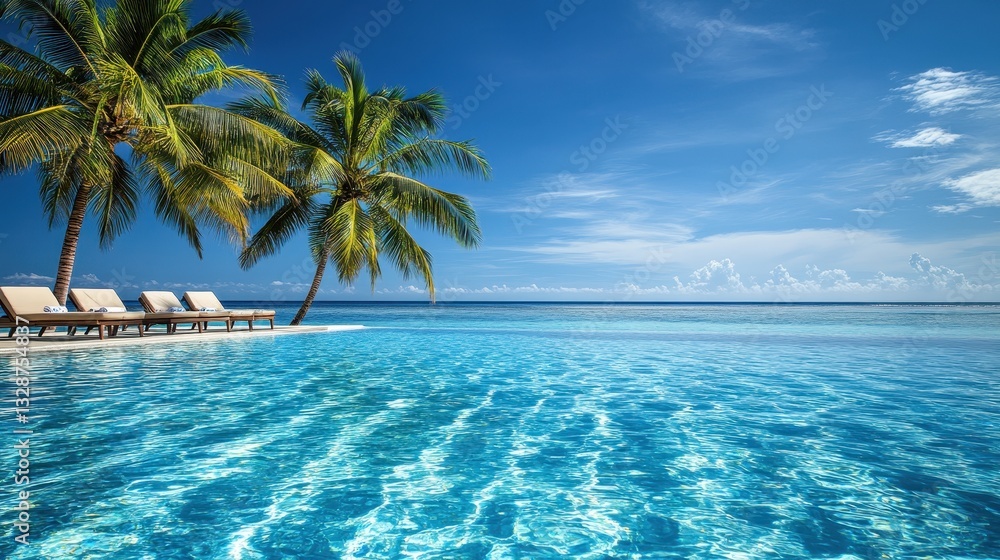 Of a Luxury hotel pool with crystal-clear water, surrounded by elegant lounge chairs and palm trees under a bright blue sky Of a Luxury hotel pool with crystal-clear water, surrounded by elegant lounge chairs and palm trees under a bright blue sky