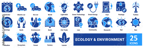 Ecology And Environment icon set. with icon calendar, electric car, eco car, world, light bulb, green technology, green energy, fuel, package, turbine, ecology, earth, environment, book, fair trade 