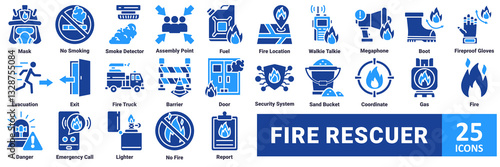 Fire Rescuer icon set. with icon mask, no smoking, smoke detector, assembly point, fuel, fire location, walkie talkie, megaphone, boot, fireproof gloves, evacuation, exit, fire truck, barrier, door 