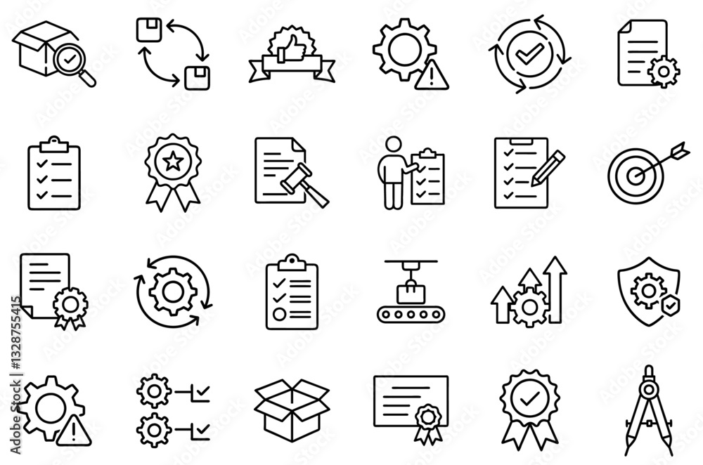 Quality Assurance and Certification Line Icons Set – Compliance, Inspection, Standards, Manufacturing, Process Control, Quality Management, Warranty, Audit, Testing, Product Verification, Regulation Quality Assurance and Certification Line Icons Set – Compliance, Inspection, Standards, Manufacturing, Process Control, Quality Management, Warranty, Audit, Testing, Product Verification, Regulation