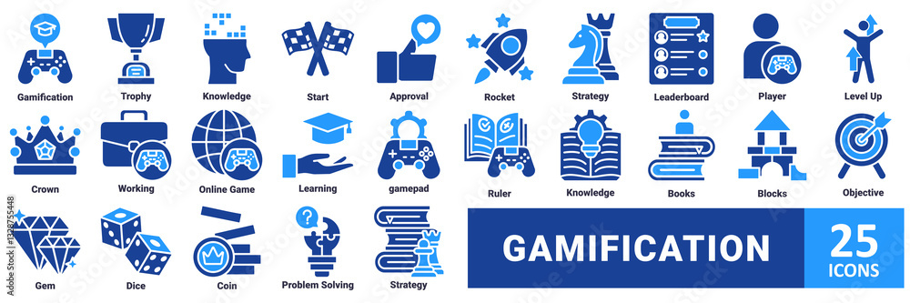 Gamification icon set. with icon gamification, trophy, knowledge, start, approval, rocket, strategy, leaderboard, player, level up, crown, working, online game, learning, gamepad, ruler, knowledge Gamification icon set. with icon gamification, trophy, knowledge, start, approval, rocket, strategy, leaderboard, player, level up, crown, working, online game, learning, gamepad, ruler, knowledge