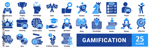 Gamification icon set. with icon gamification, trophy, knowledge, start, approval, rocket, strategy, leaderboard, player, level up, crown, working, online game, learning, gamepad, ruler, knowledge 