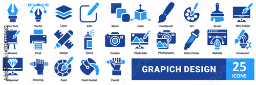 Grapich design icon set. with icon pen tool, vector, layer, edit, blend, cube, paintbrush, art, brush, web design, canvas, print, design, spray, camera, photo edit, photography, color picker 