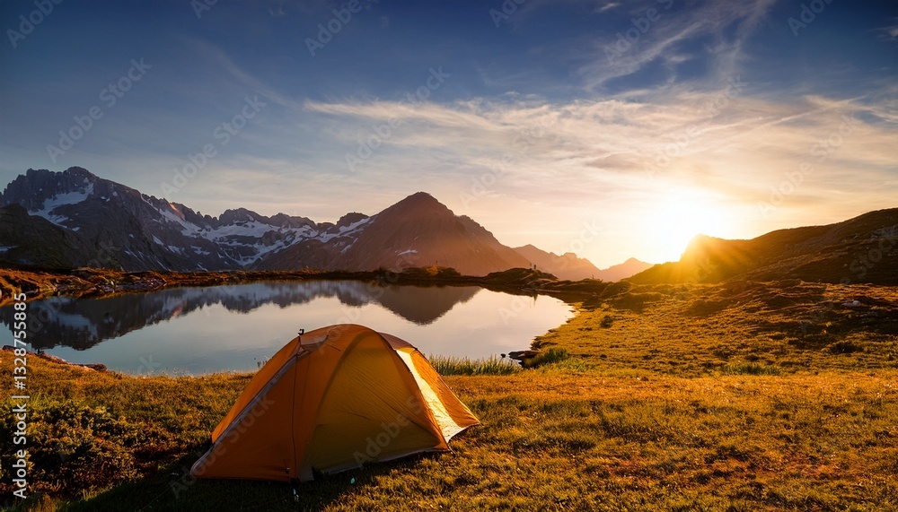 Tent pitched by a serene mountain lake at sunrise, golden light reflecting on the water — perfect outdoor adventure scene for camping and travel inspiration. Tent pitched by a serene mountain lake at sunrise, golden light reflecting on the water — perfect outdoor adventure scene for camping and travel inspiration.