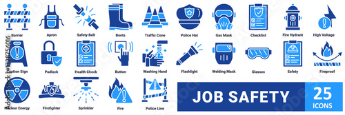 Job safety icon set. with icon barrier, apron, safety belt, boots, traffic cone, police hat, gas mask, checklist, fire hydrant, high voltage, caution sign, padlock, health check, button, washing hand 