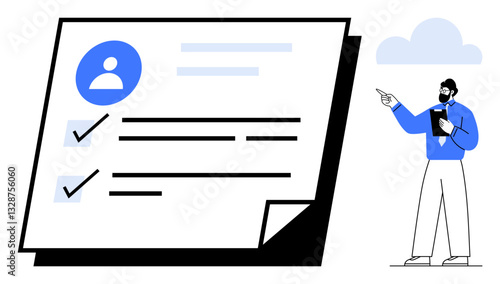 Person in formal attire explaining completed checklist with verified tasks and profile. Ideal for productivity, organization, task management, business workflow, planning, communication