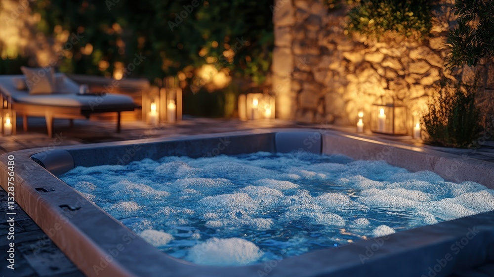Of a Open-air spa pool with bubbling warm water, surrounded by candle-lit relaxation areas Of a Open-air spa pool with bubbling warm water, surrounded by candle-lit relaxation areas