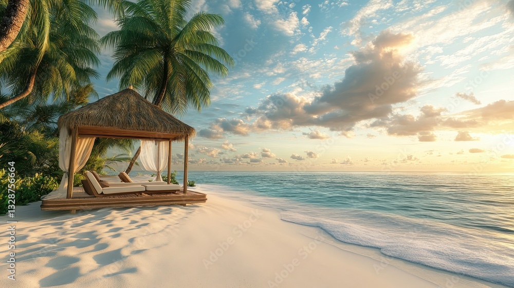 Obraz premium Of a Peaceful coastal retreat with a beachside cabana and lounge chairs facing the ocean