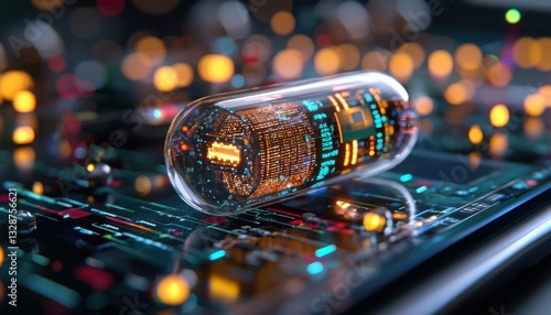 Witness the future of healthcare with this close-up shot of a dissolvable microchip pill, a revolutionary marvel transmitting vital health data wirelessly to a doctor's tablet This innovative