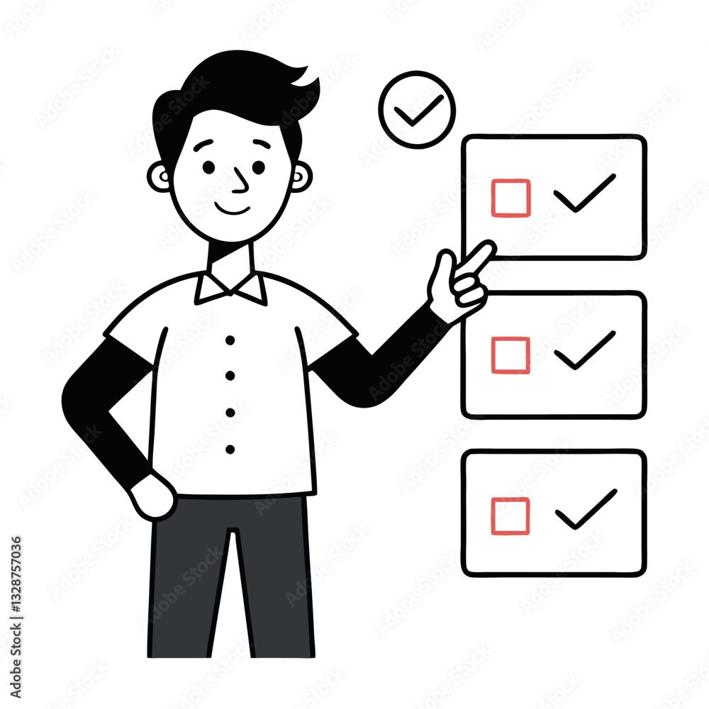 Man points to checkboxes vector icon line art. Man points to checkboxes vector icon line art.