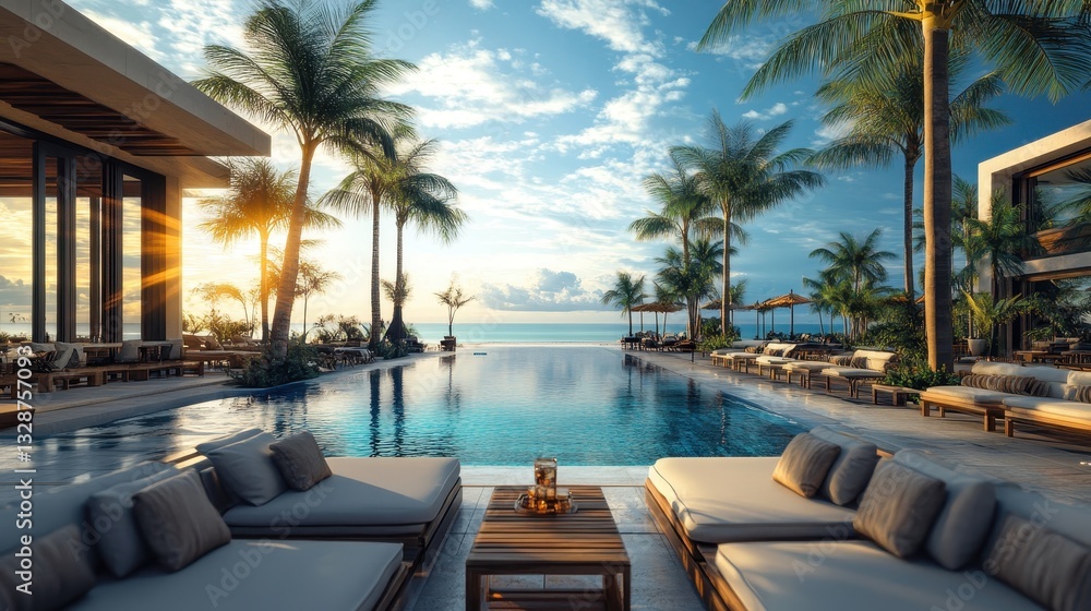 Fototapeta premium Of a Poolside lounge at a luxury beach resort, with stylish furniture, cocktails, and a relaxed tropical ambiance