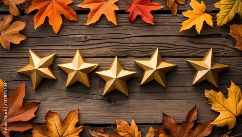 Five golden stars arranged on a rustic wooden surface surrounded by vibrant autumn leaves in shades of orange and red