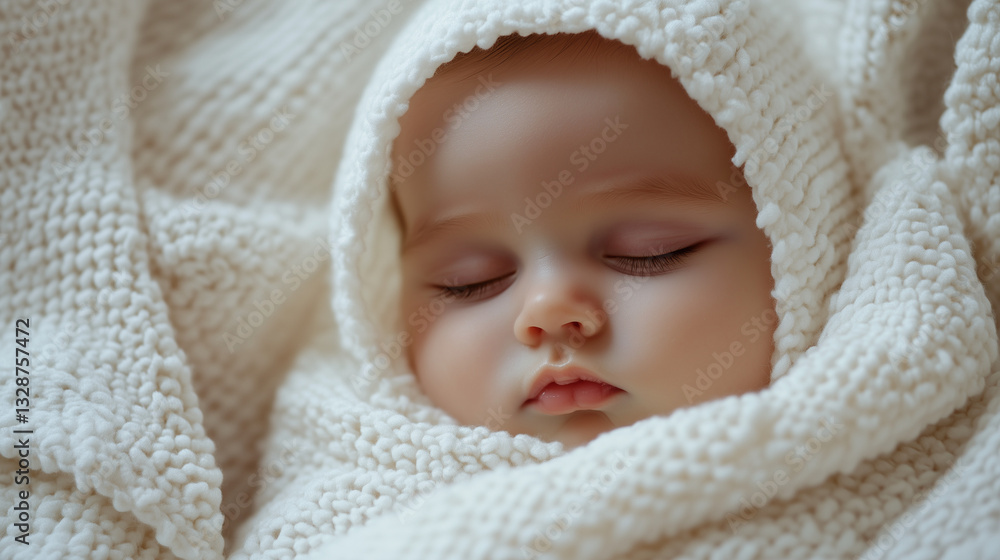 Newborn baby in soft white blanket, close-up of peaceful face, warm and tender atmosphere. Newborn baby in soft white blanket, close-up of peaceful face, warm and tender atmosphere.