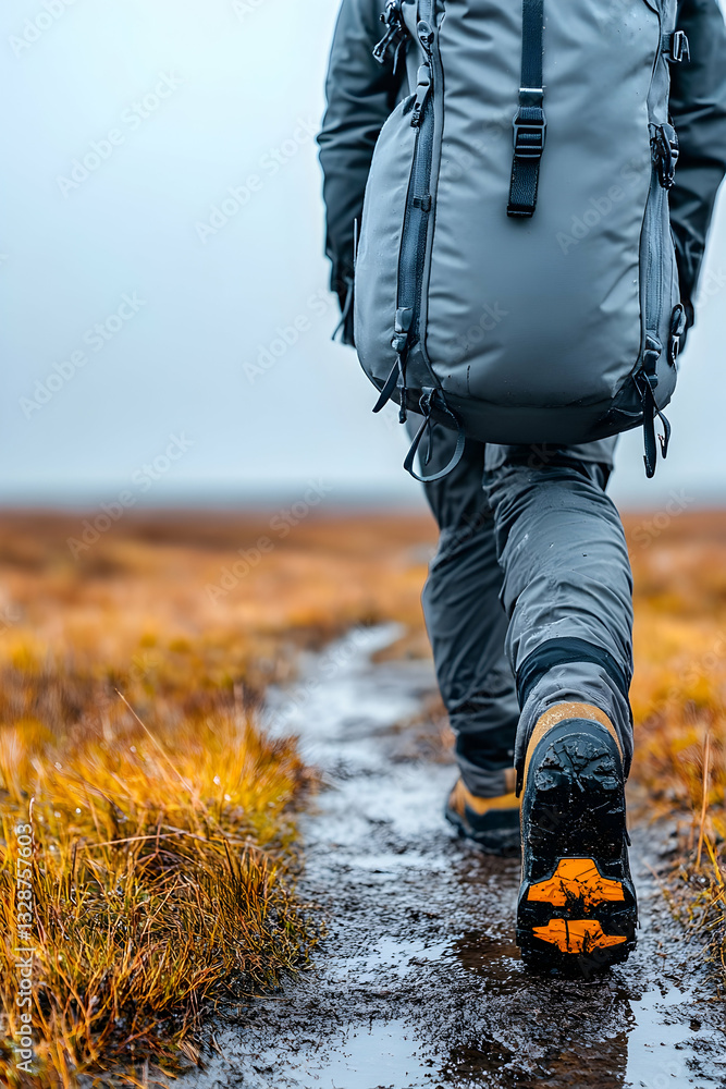 Hiker trekking on a muddy trail in autumn Hiker trekking on a muddy trail in autumn