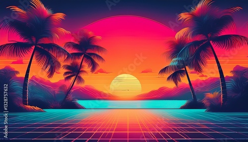 Retro 80s-style summer sunset with palm tree silhouettes, neon colors, and a nostalgic vaporwave aesthetic—perfect for vintage vacation vibes and synthwave visuals.