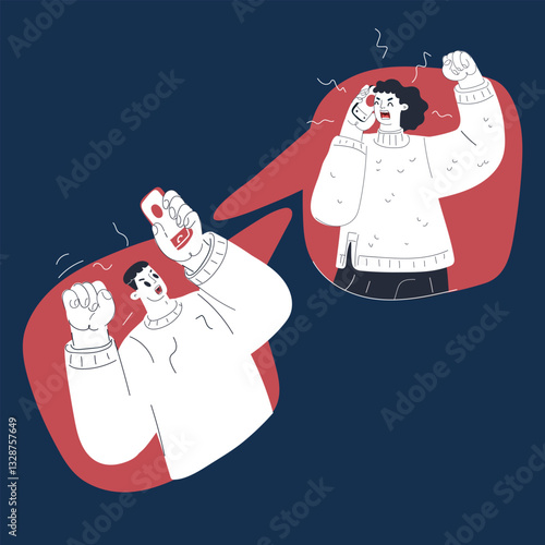 Cartoon vector illustration of a man and woman having a heated phone argument, full of intense disagreement against dark background