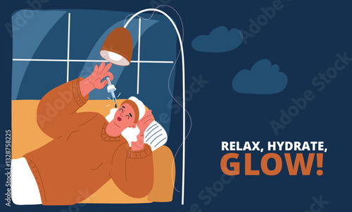 Cartoon vector illustration of a woman applying serum to her skin, relaxing on a couch at home against dark background
