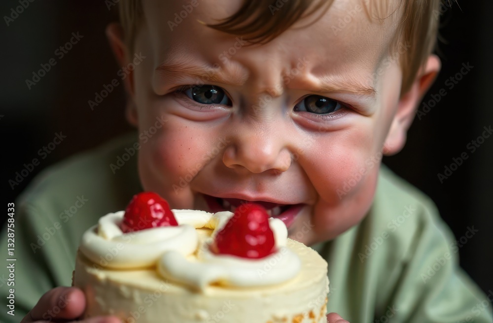 Child experiences sadness while holding a cake with toppings Child experiences sadness while holding a cake with toppings