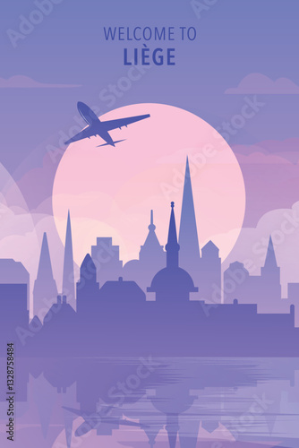 Welcome to Liege, Belgium. Gradient city poster, card with shapes of skyline, waterfront and airplane. Europe townscape travel vector illustration, print, graphic