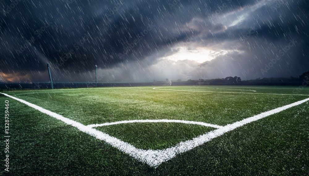 Obraz premium Rain-soaked football pitch under a dramatic, stormy sky, capturing the intensity and cinematic mood of a fierce sports moment—perfect for action-packed sports visuals.