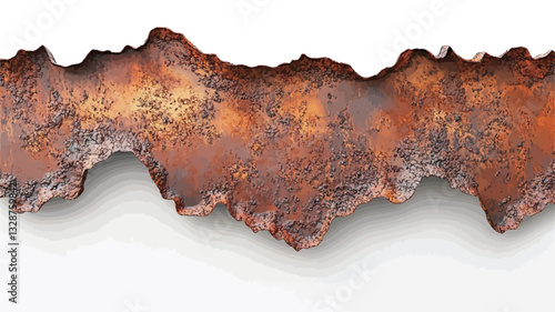 Close-up shot of a fragment of heavily rusted metal against a stark white background. The metal exhibits various shades of orange and brown rust, with an irregular, jagged edge. The texture is