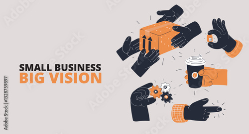 Vector illustration of diverse hands engaged in various tasks: passing a package, holding a SIM card, adjusting gears, holding coffee, and pointing, symbolizing the dynamic workflow of a small busines