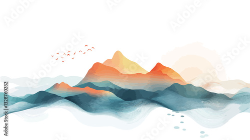 The image depicts a stylized, abstract landscape featuring a range of mountains rendered in shades of orange, teal, and blue.  The mountains are depicted with soft, diffused edges, suggesting a