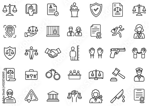 Law and Justice Line Icons Set – Legal System, Court, Crime, Attorney, Judge, Jury, Scales of Justice, Law Enforcement, Legal Documents, Criminal Cases, Crime Prevention, Judicial Process