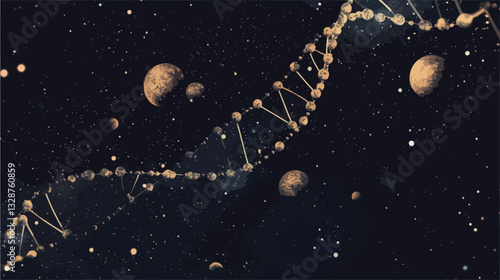 The image presents a stylized representation of a DNA double helix rendered in gold, set against a backdrop of deep space.  The helix appears to be composed of interconnected golden nodes, creating